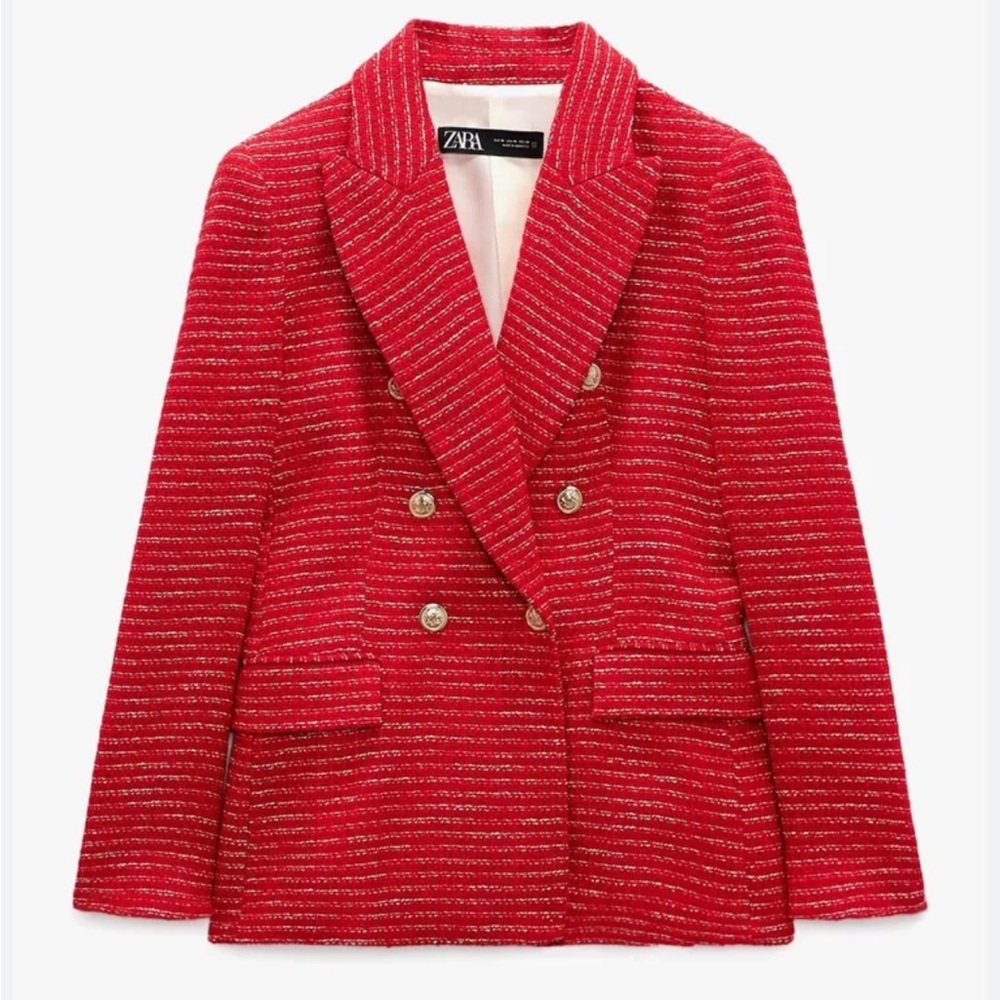 ZARA Red Textured Blazer with Gold Buttons. Size XS. Style 2324/684/094